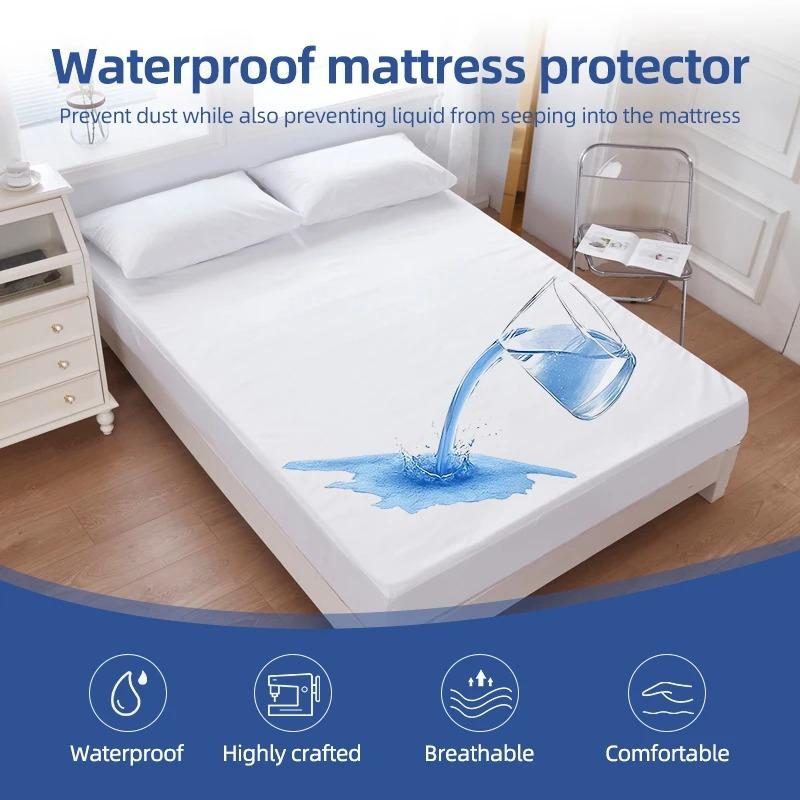 100% Waterproof Washed Cotton Fitted Bed Sheet Solid Color Mattress Cover with Elastic Band Single Double Queen King Size Home Decor