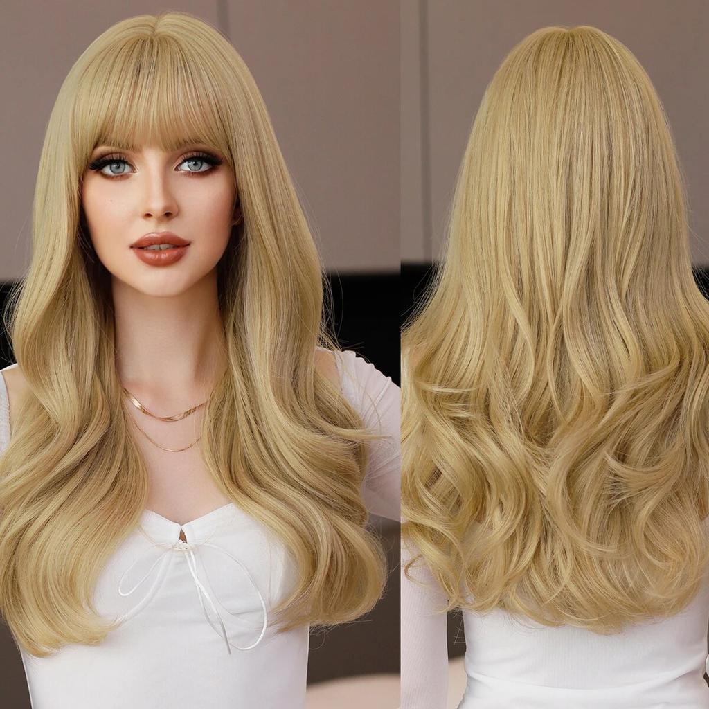 Длинный вьющийся коричневый парик Ombre Blonde для женщин, повседневные вечерние синтетические волосы высокой плотности с свободным телом, волнистые медные парики из волос с челкой