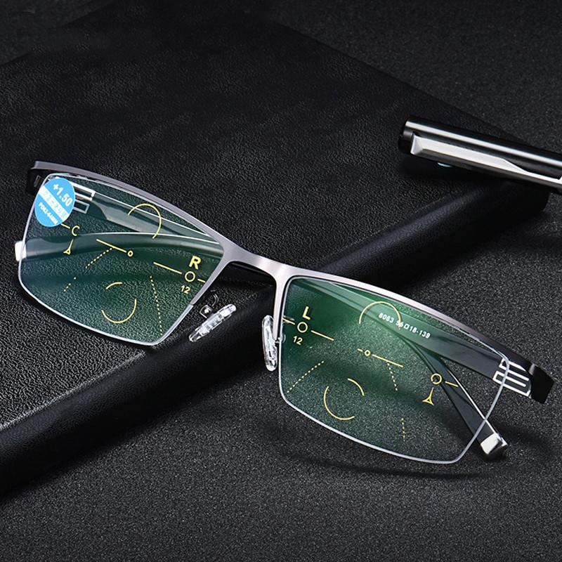 Business Square Half Frame Reading Glasses Men Gradual Adjustment Bifocal Vision Converted Light Multifocal Glasses