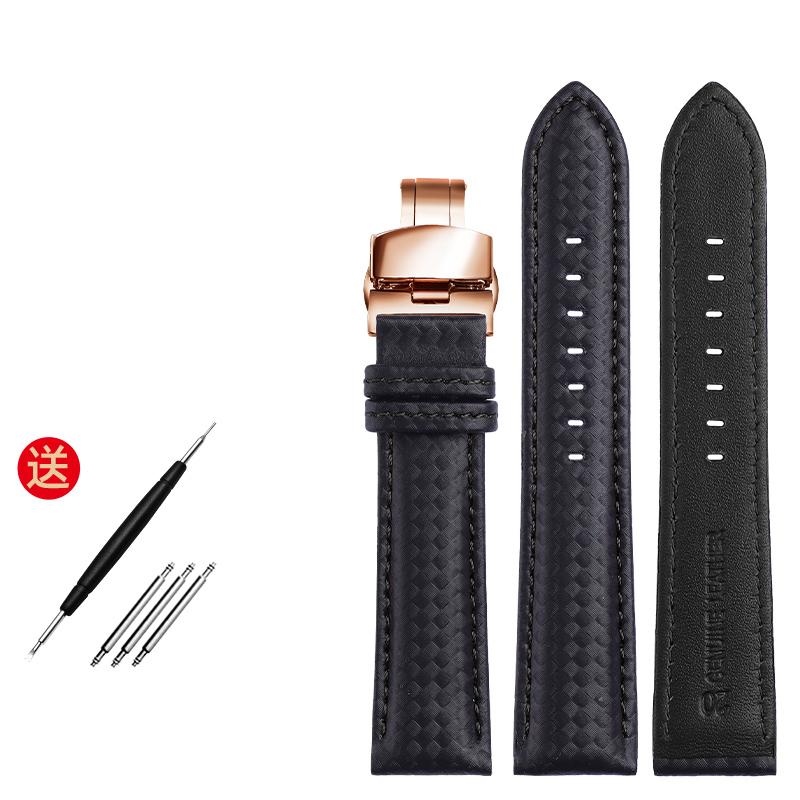 Genuine Leather Bracelet Carbon Fiber Grain Watchband Red Stitching 18mm 20mm 22mm Watch Band Strap Accessories Butterfly Buckle