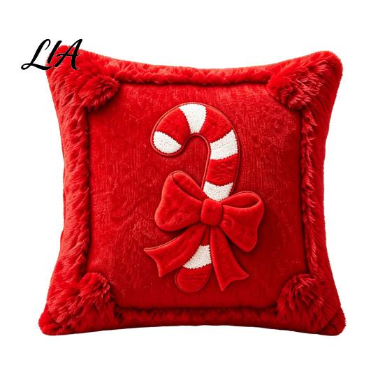 Seasonal Christmas Sofa Accent Pillows Pillow Cover with 3D Candy Cane Embroidery, Red Throw Festive Home Decor Slips Case for Couch Bed, Holiday