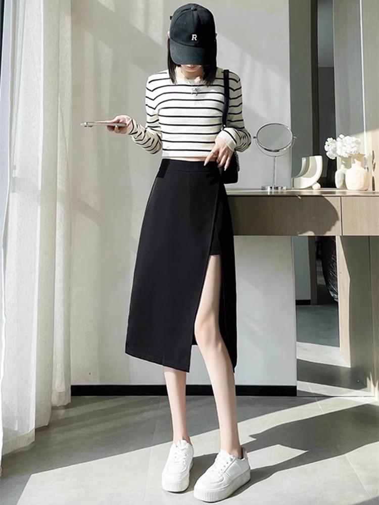 Летняя французская миди-юбка асимметричного кроя 2024: Облегающее бедра А-силуэтное платье с деталью в виде разреза