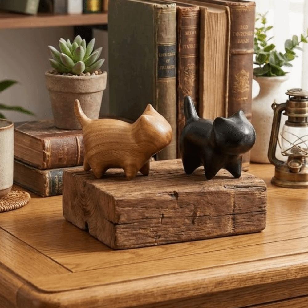 Wood Carving Wooden Cat Figurine Handmade Kitten Sculpture Lucky Cat Ornament Bookshelf Display