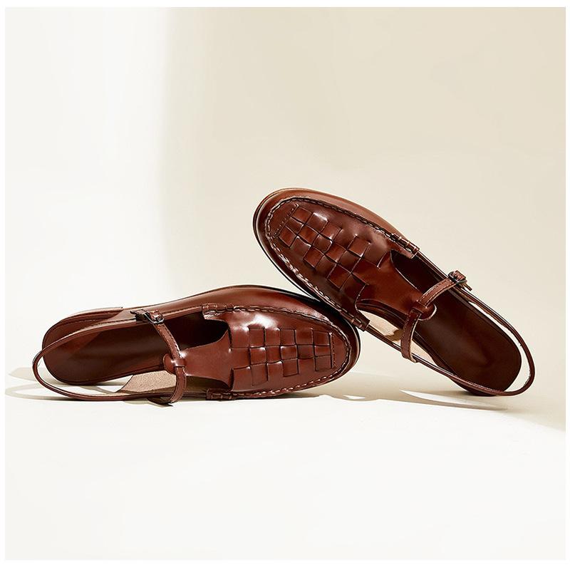 Модная винтажная элегантная женская обувь 2025 лето новая плетеная темпераментная обувь сандалии женские римские одинарные туфли рыбацкая женская обувь