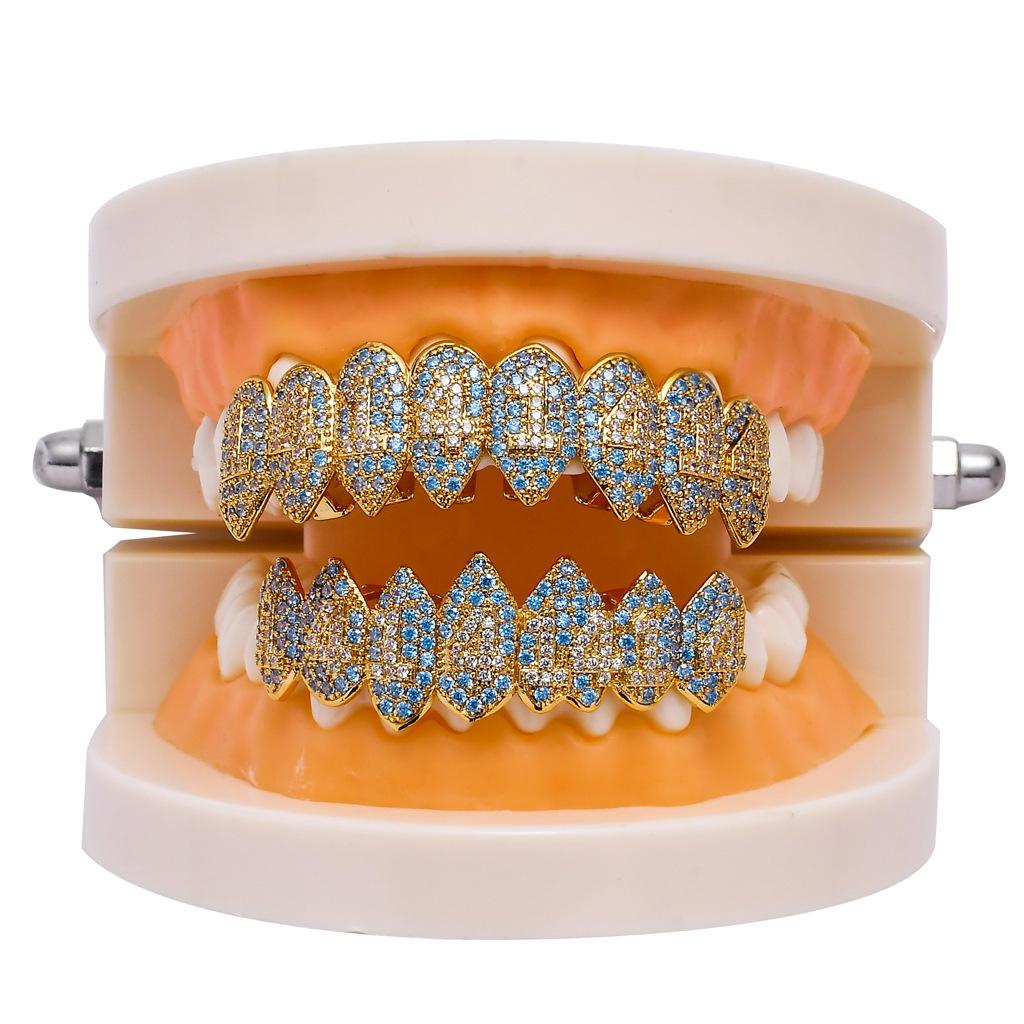 Stock Halloween Jewelry Gold Silver Metal Color Plating Iced Out Brass and Blue Zircon Hip Hop Sharp Teeth Grillz
