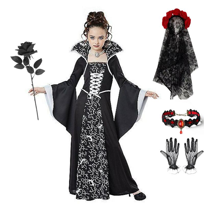 Halloween Black Witch Vampire Cosplay Costume for Kids Girls Disfraz Carnival Dress Up Party Children Performance Clothes