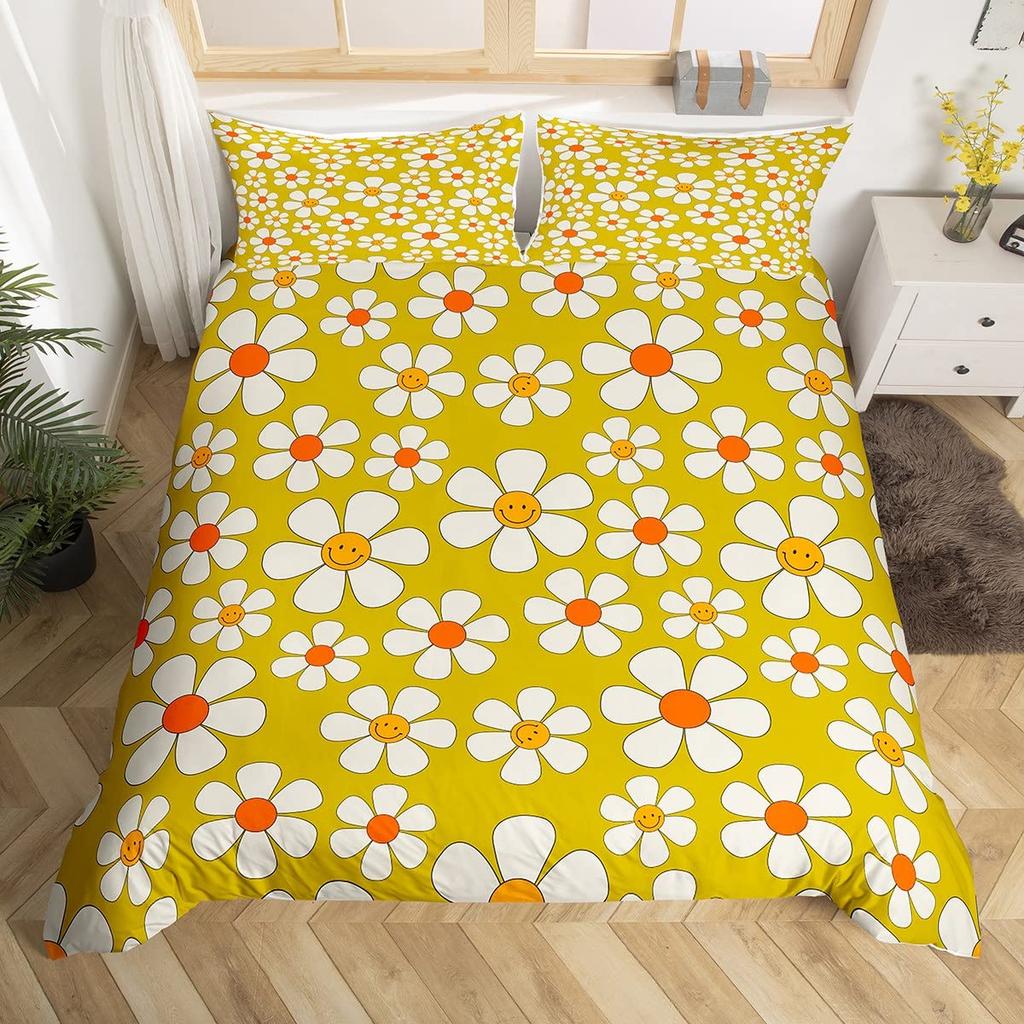 Comforter Retro Flowers Watercolor Yellow Floral Green Leaves Plant Comforter And 2 S Trippy Style Bedding Set