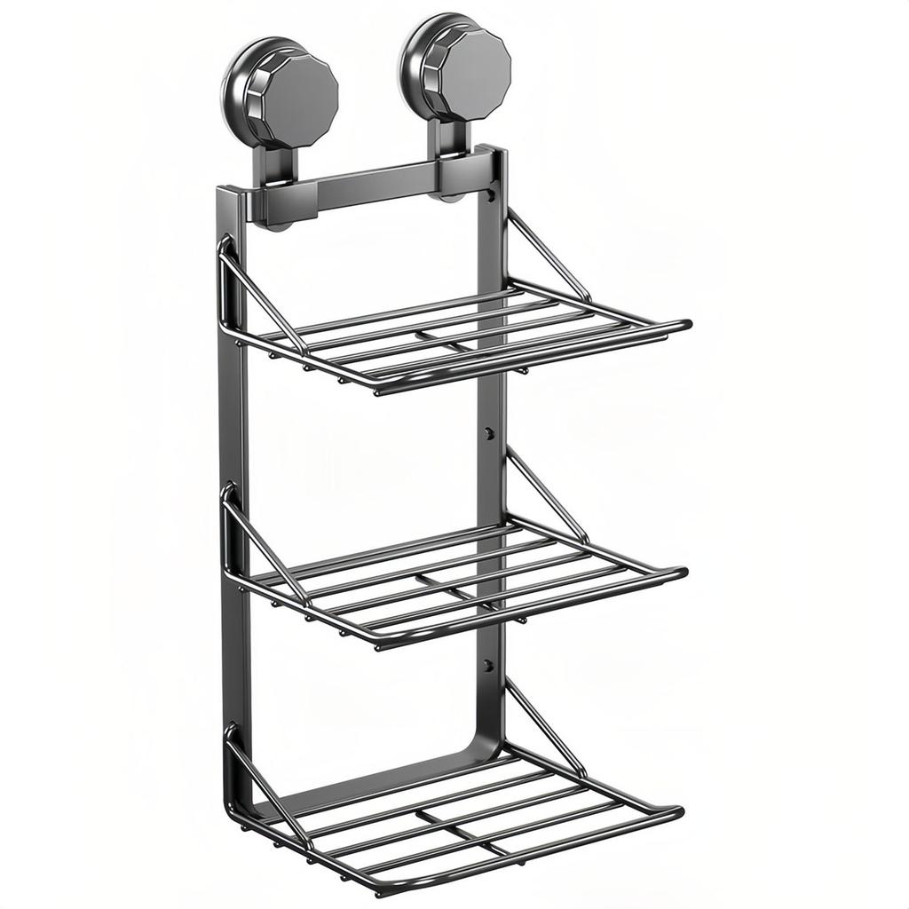 Kitchen Suction Cup Folding Storage Rack Household Multi-Layer Pot Rack Wall Mounted Storage Rack Carbon Steel Material