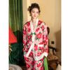 Autumn Flower Print Casual Satin Women's Pajamas Set Women's Ice Silk 2-piece Pajamas Home Wear Sleep Wear Can Be Worn Outside