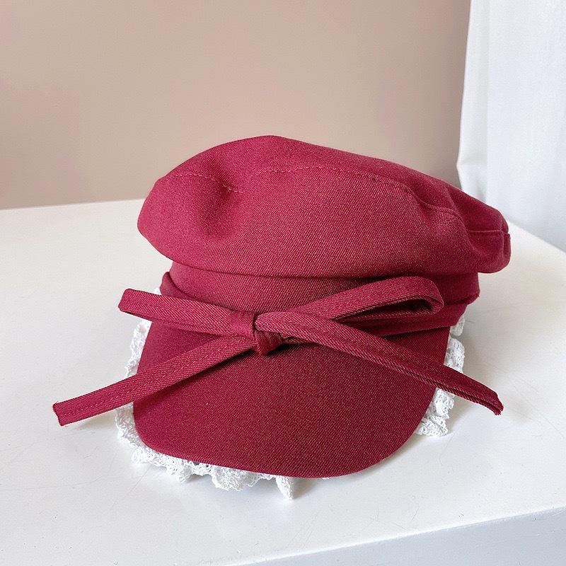 Ins Niche Bow Lace Strap Flat Top Berets Cap Spring and Summer Travel Sweet Universal Sun Protection Retro Newsboy Hats Women
