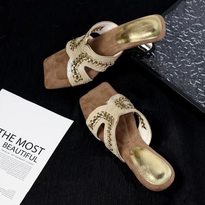 Версия из мягкой кожи~ нишевое плетение натуральная мягкая кожа крутые тапочки женственность квадратный носок красивые шлепанцы