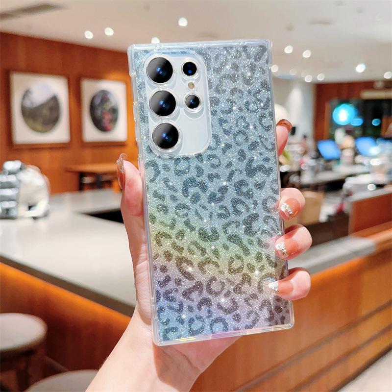 Переливающийся синий леопардовый блестящий чехол для телефона Samsung S22/S23/A15/A55 с полным покрытием