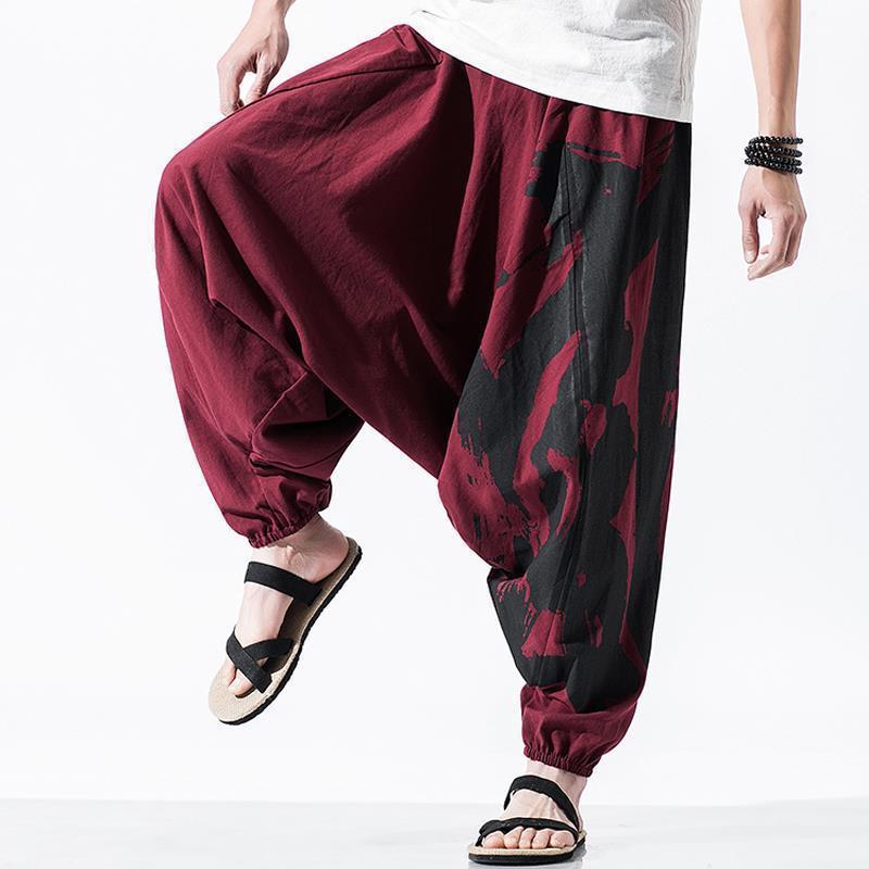 Men's Buddha-Style Loose-Fit Cotton & Linen Pants - Low Crotch, Nine-Point Baggy Japanese Design, Plus Size Available