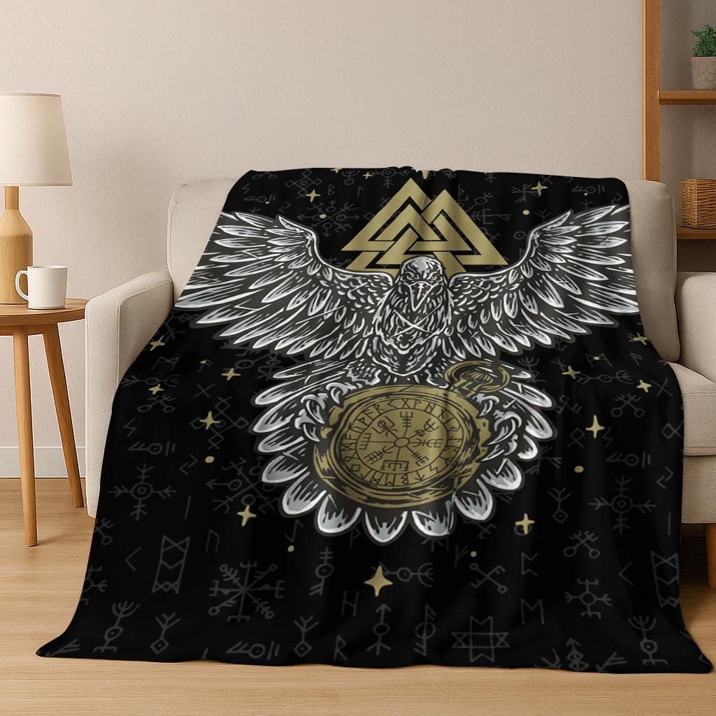 Viking Fenrir Raven Norse Mythology Skull Rune Flannel Blanket Soft Warm Blanket for Bedroom Room Office Travel Camping Picnic