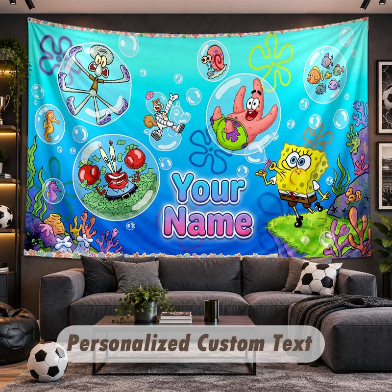 Wall Hanging Tapestry Custom NameSpongeBob Pattern Personalized Printed Fabric Wall Decor