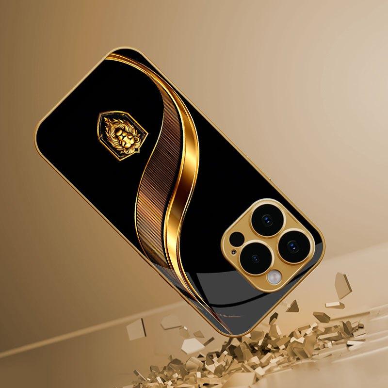 Стеклянный чехол для телефона 'Золотой Лев Щит' Подходит для iPhone 17 16 15 14 13 12 11 Pro Max Plus Защита от падений и ударов Задняя крышка