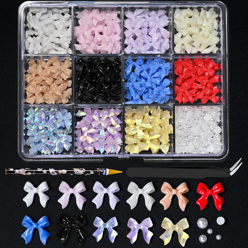 Kawaii Colorful Mixed Resin Rhinestone Nail Art Charms Bowknot Pearls Kit DIY Manicure Decorations Box With Wax Pen Tweezers