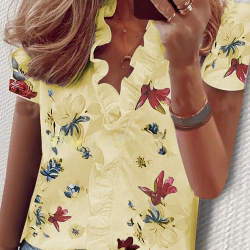 Модные рубашки с коротким рукавом и V-образным вырезом больших размеров для женщин, летние топы, элегантные повседневные свободные блузки с цветочным принтом, женская приталенная рубашка на пуговицах 26379