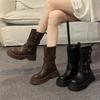 Ремень пряжка два износа ретро толстая подошва сапоги средние женские 2024 осень новый круглый нос толстый каблук корейская версия тонкие рыцарские сапоги