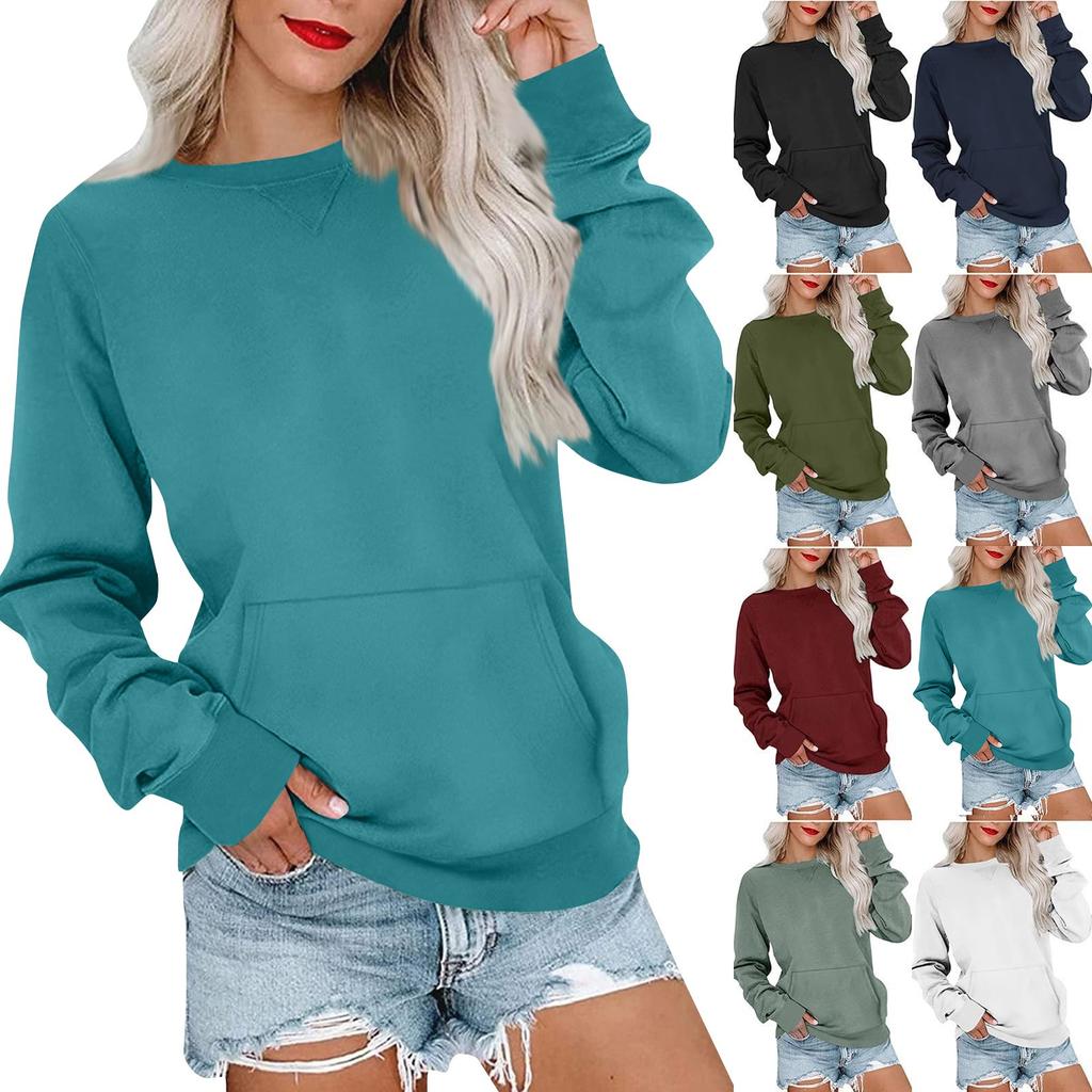 Women's Casual Fashion Comfortable Long Sleeve Solid Color Round Neck Pocket Sweater Tops