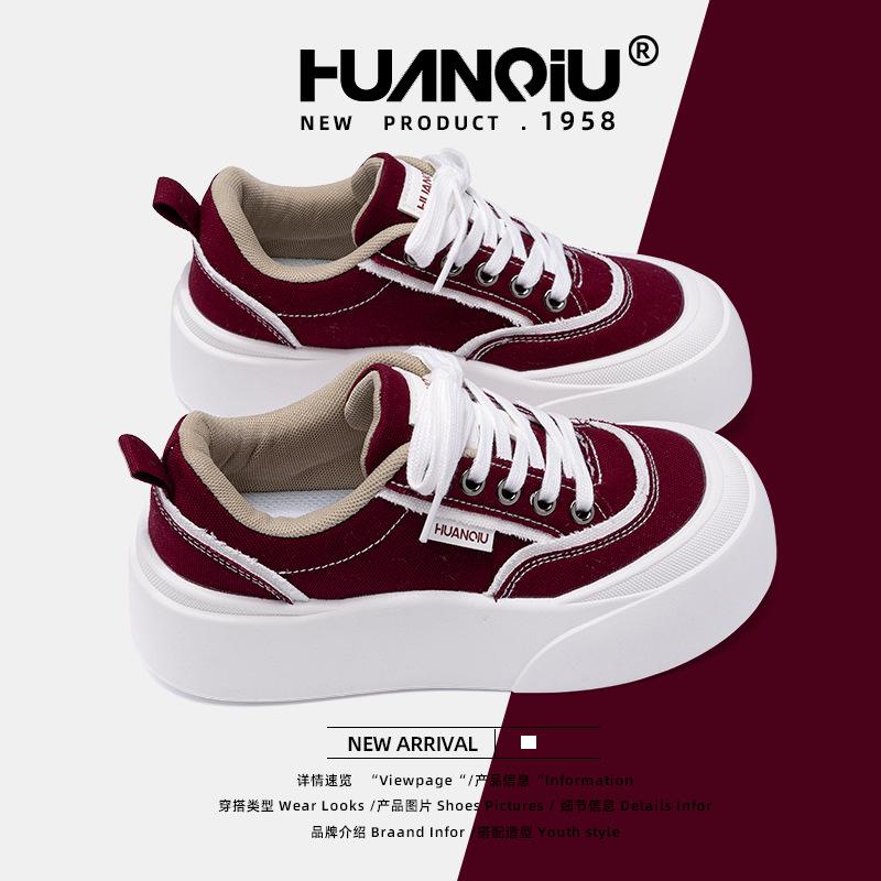 Глобальные толстые туфли на платформе женские ZHQ68216 весенние новые универсальные студенческие женские туфли популярные бордовые парусиновые туфли