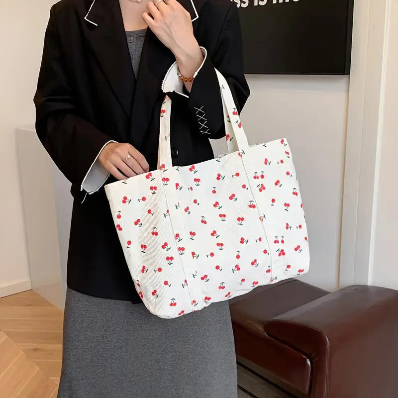 Холщовая сумка-тоут с принтом клубники - Вместительная сумка на одно плечо для хранения, Модная повседневная женская сумочка
