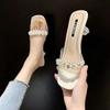 Slippers Women Wear European and American Thick Heels Medium Heel Fashion Transparent One-word Drag Women's Versatile Slippers Women's Trendy Summer C