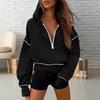 Women Short Sweatshirt Solid Color Long Sleeve Pullover Hooded Sweatshirt Loose Fit Zipper Half Placket Tops