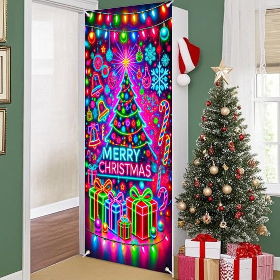 Fluorescent Christmas Door Cover 71x35 Inch Glow In The Dark Door Banner with Santa Tree Gift Box for Winter Front Door Party Wall Decor