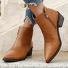 Autumn Women Ankle Boots Retro Style Pointed Toe Leather Boots Solid Short Barrel Chunky Heel Western Boots