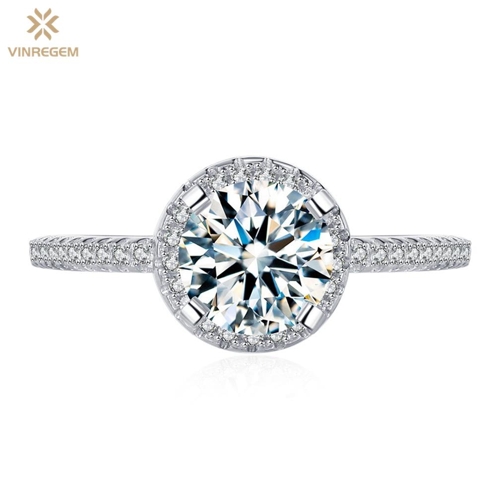Vinregem Элегантное кольцо из стерлингового серебра 925 пробы 3EX VVS1 D, цвет круглой огранки, 6,5 мм, 1 карат, настоящее кольцо с бриллиантами из муассанита для женщин, свадебная вечеринка, ювелирные изделия, подарки