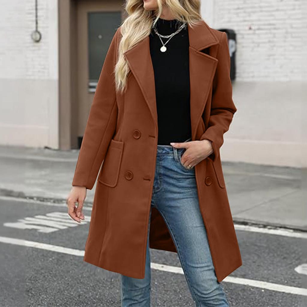 Женское шерстяное пальто средней длины на пуговицах с лацканами