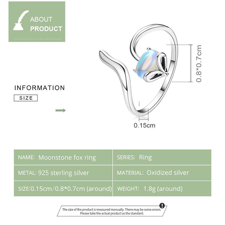 Женское регулируемое кольцо BAMOER из стерлингового серебра 925 пробы с элегантным лунным камнем и лисой, ювелирные украшения