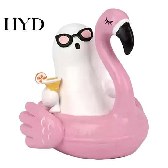 Desktop Halloween Decor Ornament, Creative Resin Statues, Float Ring Skeleton Ghost Figurines, Pool Party Scene Decorations, Home Outdoor