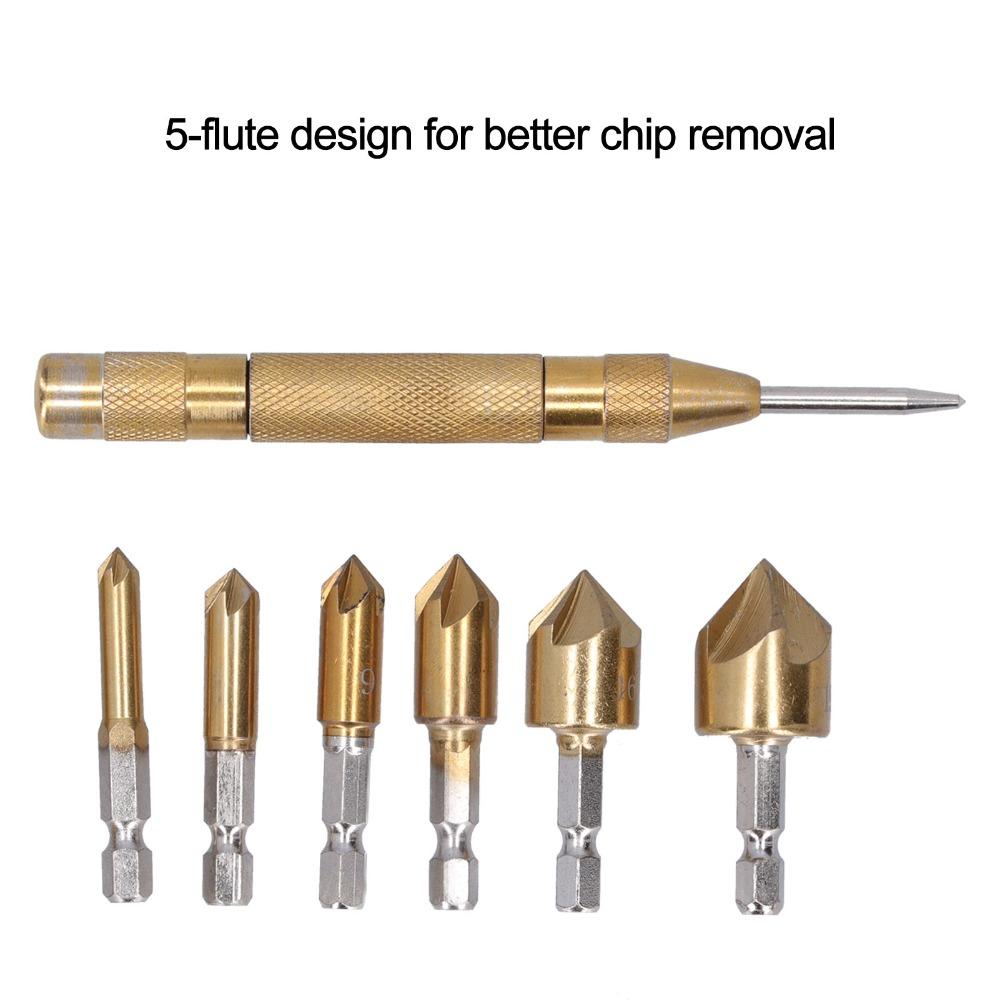 6pcs 90 Degree Countersink Drill Bit Set 5 Flute Chamfering Tool Woodworking Drilling