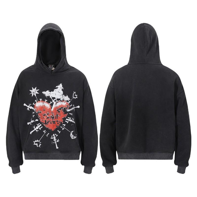 Saint Michael Angel Print Hoodie Men Women American Streetwear Washed Pullover Sweatshirt Casual Loose Fit