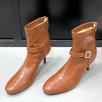 Модные роскошные мягкие кожаные ботильоны женские 2025 модные туфли на тонком высоком каблуке с круглым носком для женщин с застежкой-молнией на ремне и пряжкой дизайнерские эластичные ботинки