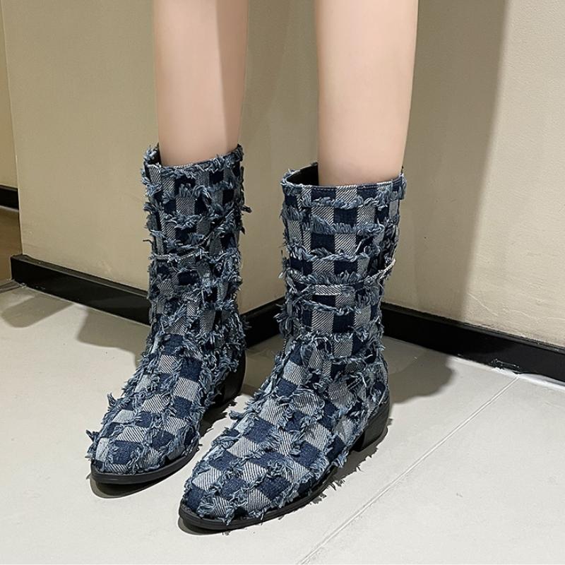 Модные женские сапоги из джинсовой ткани 2024 года, осенние новые модные сапоги из меховой ткани на платформе 2024 года