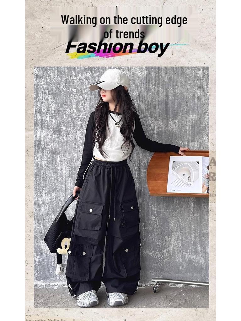 Новые брюки карго с широкими штанинами для девочек 2025 года: Стильная осенняя уличная одежда для подростков