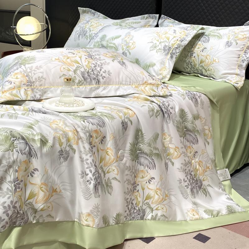 Summer Cool Tencel Quilt Set 4 Piece Includes Summer Blanket Bed Sheet Two Pillowcases Silk Lightweight Quilt For Double Twin Size