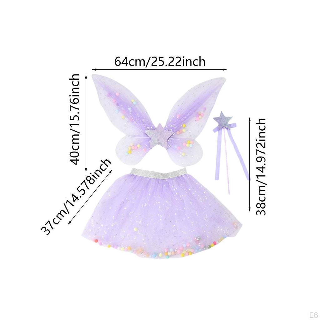 3 Pieces Fairy Wings Tutu Skirt and Stick Set for Girls Holidays Princess Cosplay