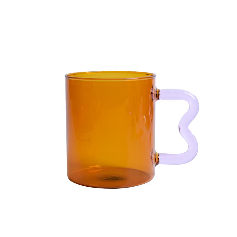 Colored Glass Cup with Wave Handle Coffee Breakfast Cup Large Capacity Milk Cup Microwaveable Cross-border