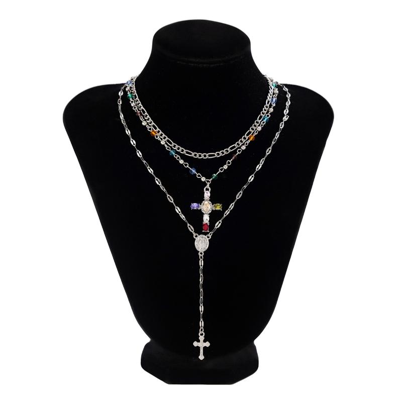 3/4Pcs Simple Jesus Cross Pendant Choker Stacking Necklace For Women Trendy Colorful Crystal Chain Christian Jewelry Gift