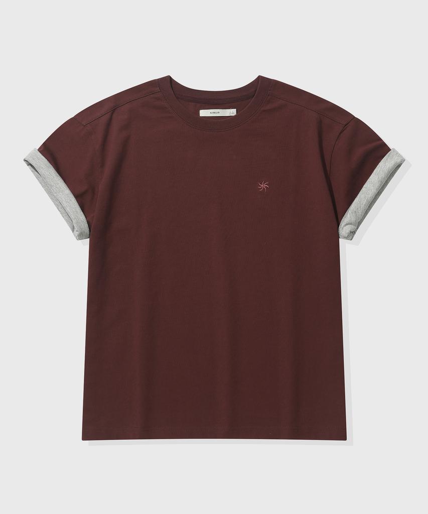 KIIMUIR [Crop] Contrast Roll-Up Crop Short Sleeve T-Shirt_Burgundy