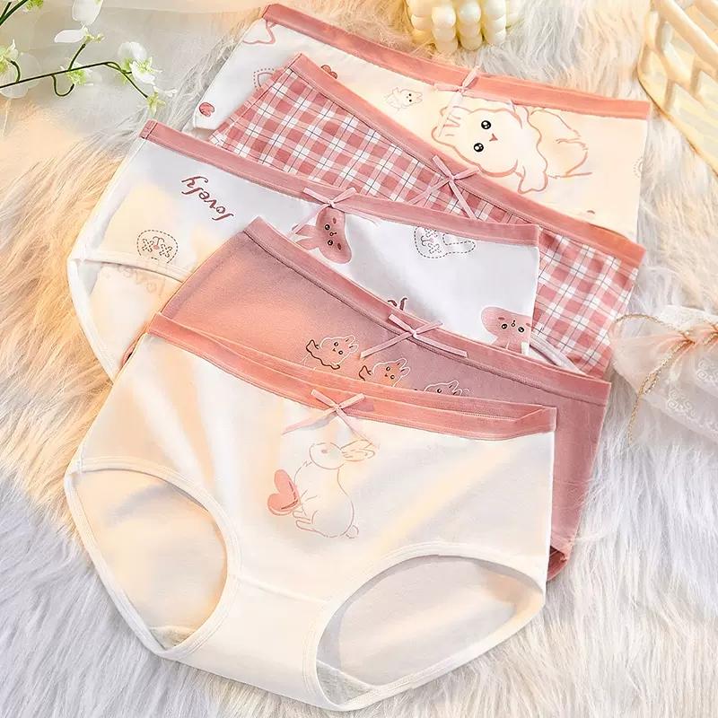 LANGSHA 5Pcs Cotton Panties Women Underwear Breathable Cute Print Briefs Female Fashion Lingerie XXL