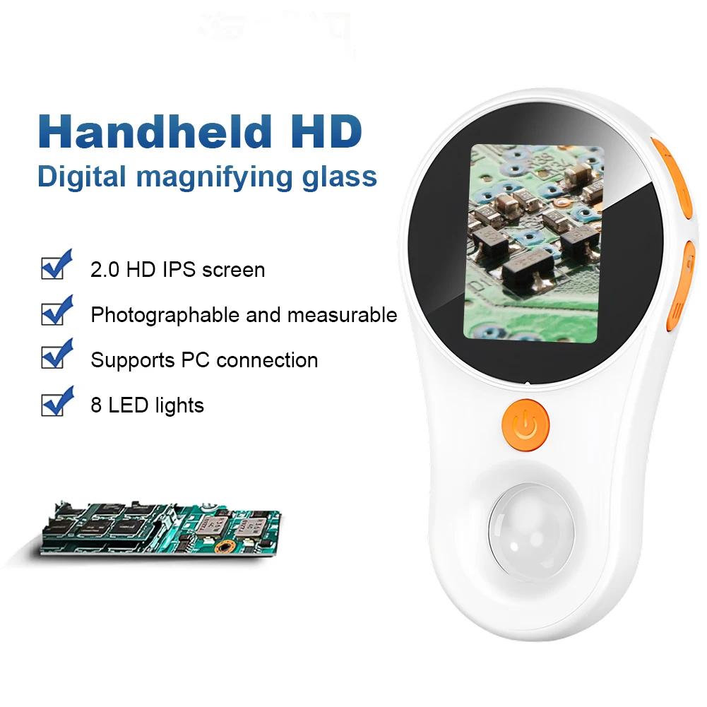 Цифровой микроскоп с увеличением 500X, светодиодный HD-экран IPS 2 дюйма, электронная лупа для монет для дома и офиса