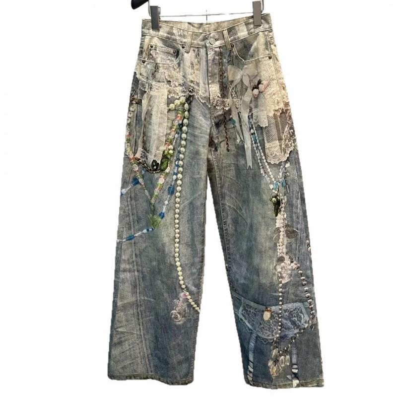 Womens Vintage Lace Pearl Chain Print Denim Jeans High Waist Straight Leg Wide Drop Crotch Pants