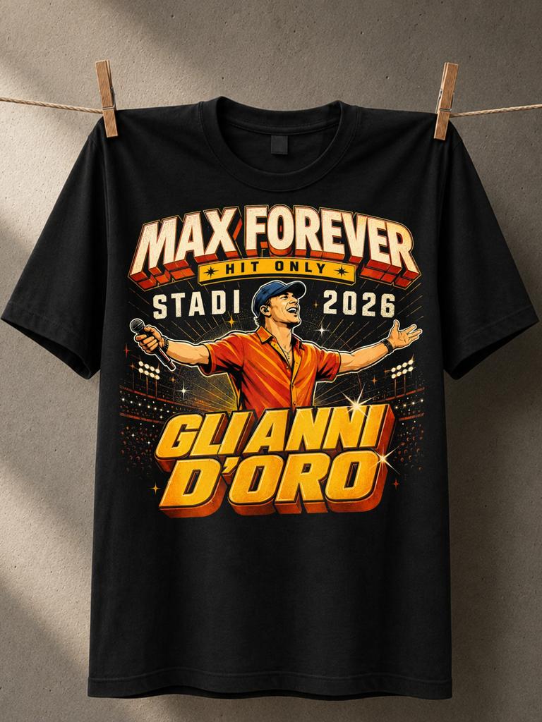 Max Forever Gli Anni Oro singer with microphone stadium lights and bold gold 2026 Italian concert Unisex All T-Shirt
