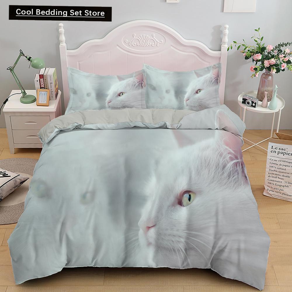 White Cat King Queen Duvet Cover Kawaii Pet Kitty Bedding Set for Kids Teens Adults Family Animal 2/3pcs Polyester Quilt Cover
