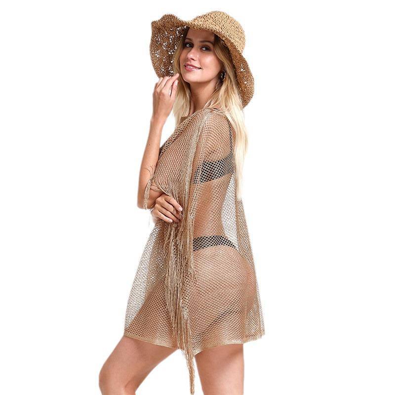 Women's Tassel Cardigan Beach Cover-Up Shawl: Sun Protection Bikini Cover, European & American Style, Hollow Out Design